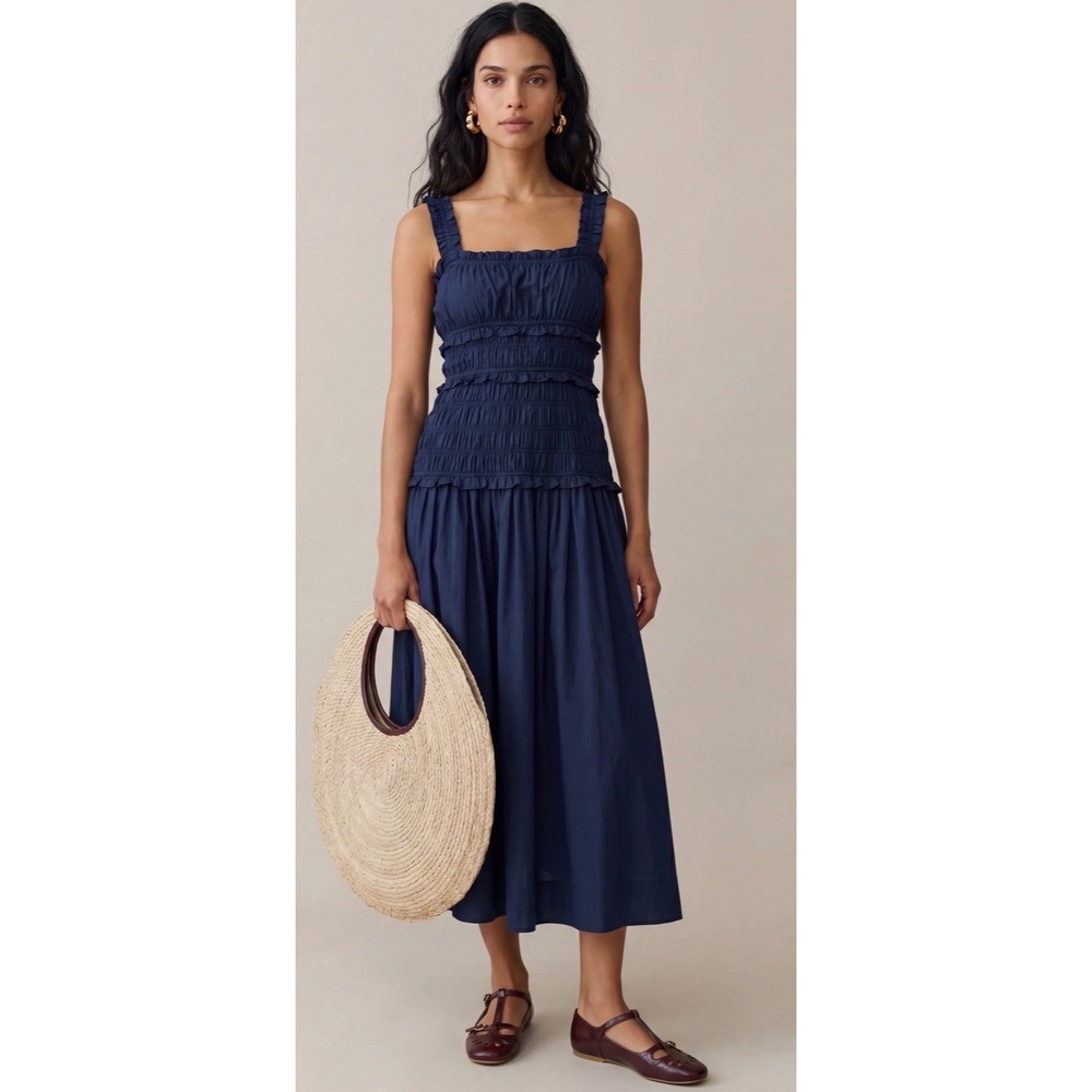 Few Moda O.P.T. Navy Blue Smocked Ruffle Midi Dress T25WDRS09660 XS NWT